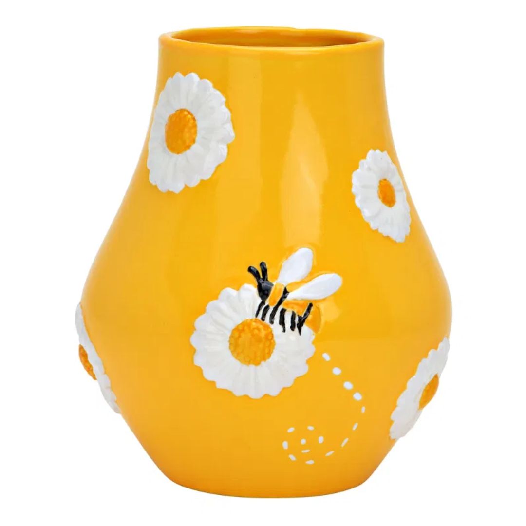 Vaso decorativo giallo con api e fiori