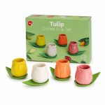 Set di 4 tazze da caffè a forma di tulipano con piattini a foglia, colori assortiti, ceramica