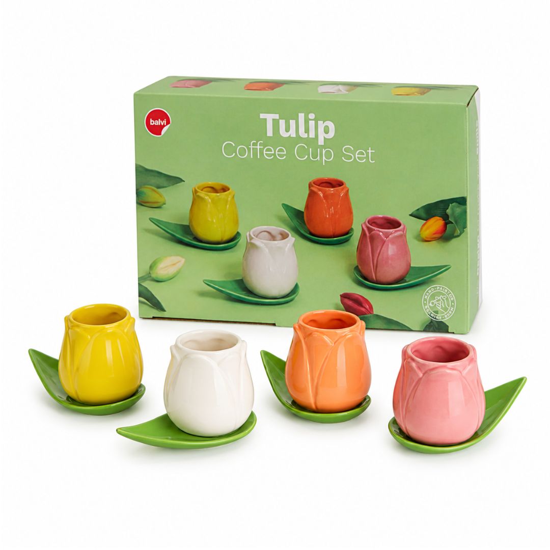 Set di 4 tazze da caffè a forma di tulipano con piattini a foglia, colori assortiti, ceramica