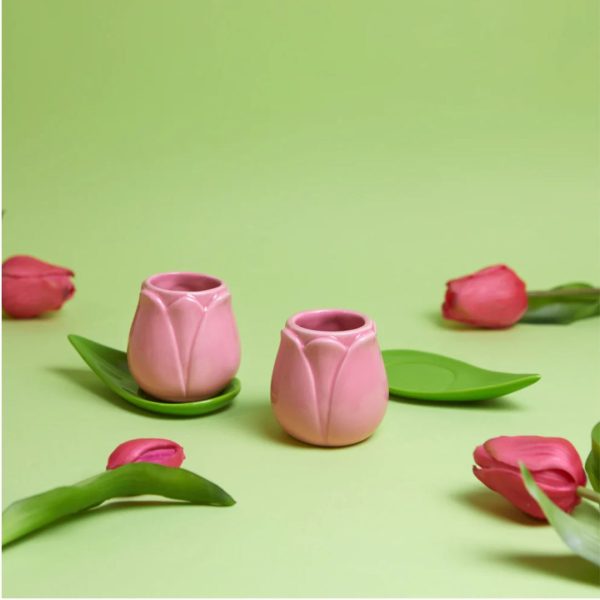 Set 2 tazze da caffè a forma di tulipano rosa con piattini a foglia in ceramica