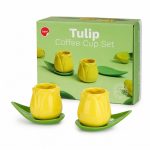 Set 2 tazze da caffè a forma di tulipano giallo con piattini a foglia in ceramica