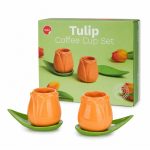 Set 2 tazze da caffè a forma di tulipano arancione con piattini a foglia in ceramica